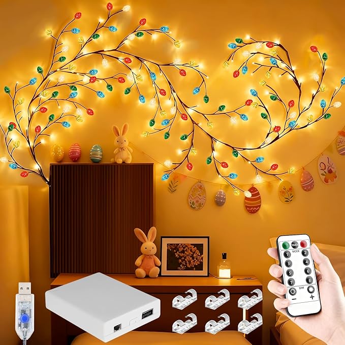 Easter Egg Enchanted Willow Vine Lights, 4FT 48LED 4 Color Easter Egg Tree Branch Lights for Wall, Remote Timer,8 Light Model,Bedroom Wall Doors Wedding, Christmas, USB Battery Box
