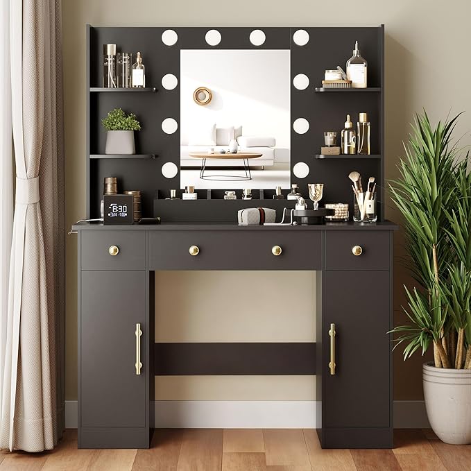 Makeup Vanity Desk with Mirror and Lights, 43" Black Vanity Set with 3 Drawers, Power Outlet & Adjustable RGB LED Lights, Dressing Table with Storage Shelf for Women & Girls Bedroom