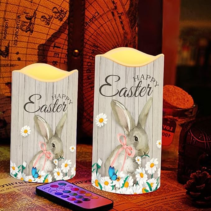 Easter Bunny Daisy Plastic Flameless Candles with Remote Control and Timer LED Flickering Battery Electric Pillar Candles for Table Easter Decoration