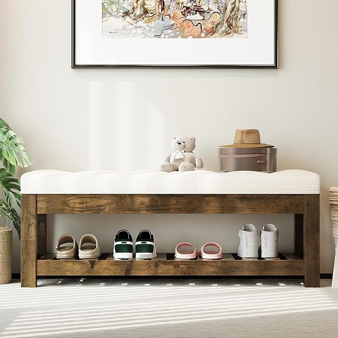 Large Upholstered Ottoman Bench Entryway Storage Benches Tufted Linen Ottoman Bench with Wood Shelf Padded End of Bed Bench for Bedroom Living Room Hallway Decor