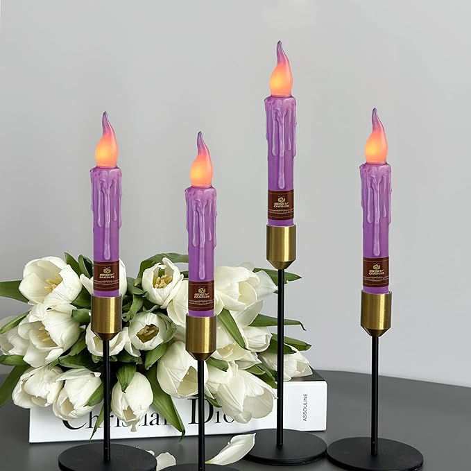 Purple Flameless Short Taper Candles, Real Wax Hand Dipped LED Battery Operated with Remote, Flickering Flame Lights for Festival Party Home Décor, 6.7 Inch Primitive Flameless Candles, 2PCS