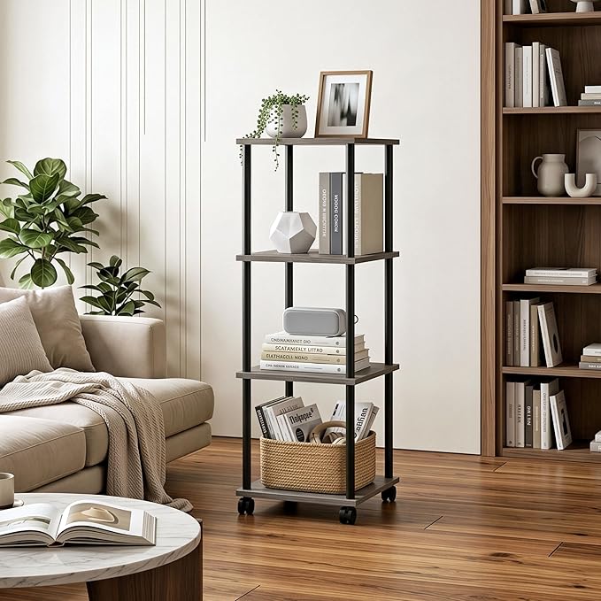 Bathroom Shelving Unit with Wheels, 4-Tier Narrow Open Floor Shelves, Metal Corner Slim Storage Rack for Bathroom Laundry Room Kitchen Living Room, Oak Grey