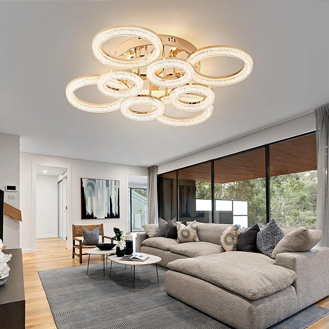 OKELI Modern Ceiling Light, 8 Rings 26.8'' Dimmable LED 106W Flush Mount Ceiling Lights with Remote Acrylic Crystal Round Ceiling Light Fixture, Bedroom Living Room Dining Room, Gold