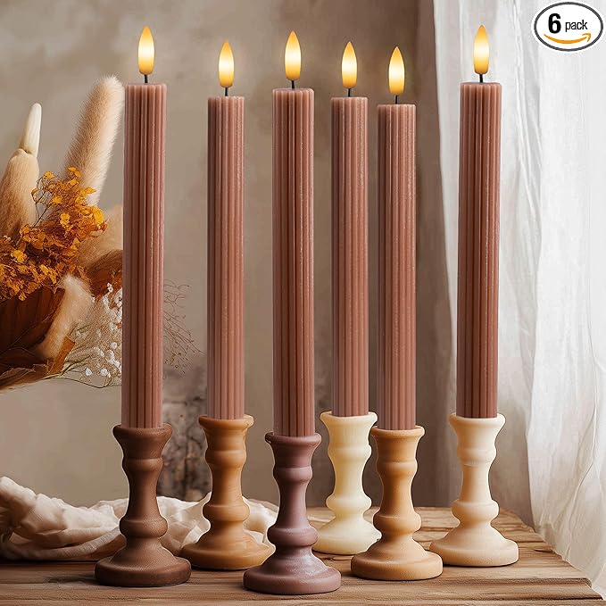 12 Pack, 10" LED Flameless Brown Tan Fluted Ribbed Grooved Taper Candles w/ 2 Remotes & 24h Timer Memory, On/Off Button, Dimmable, Flicker Mode, Battery Operated, Christmas Menorah Wedding