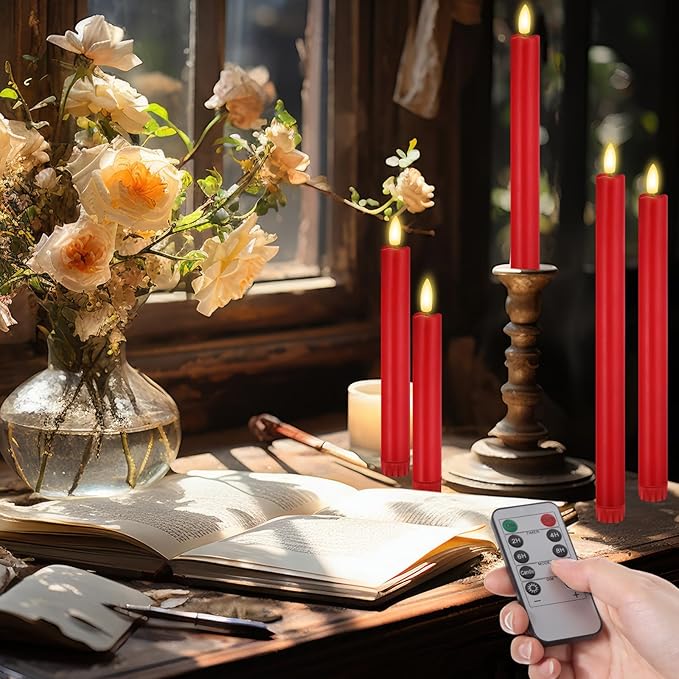 10 Pcs Flameless Taper Candles with Remote Battery Operated Taper Candles Include 6.5'' 7.7" 8.9" 10" 11.2" Fake LED Electric Candle Sticks for Valentine's Day Home Wedding Decor (Red)
