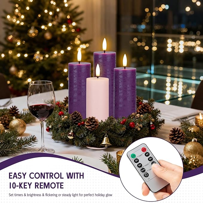 Flameless Advent Candles Set of 4, Real Wax Advent Pillar Candles Battery Operated 9.6", Purple and Pink Christmas LED Candle for Wreath, Christ, Home, Church, Catholic Decoration