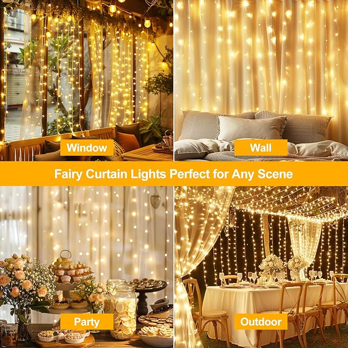300 LED Fairy Curtain Lights, 9.8 x 9.8FT Warm White USB Plug in 8 Modes Hanging Lights with Remote for Christmas, Bedroom, Indoor, Outdoor, Weddings, Party (Warm White)