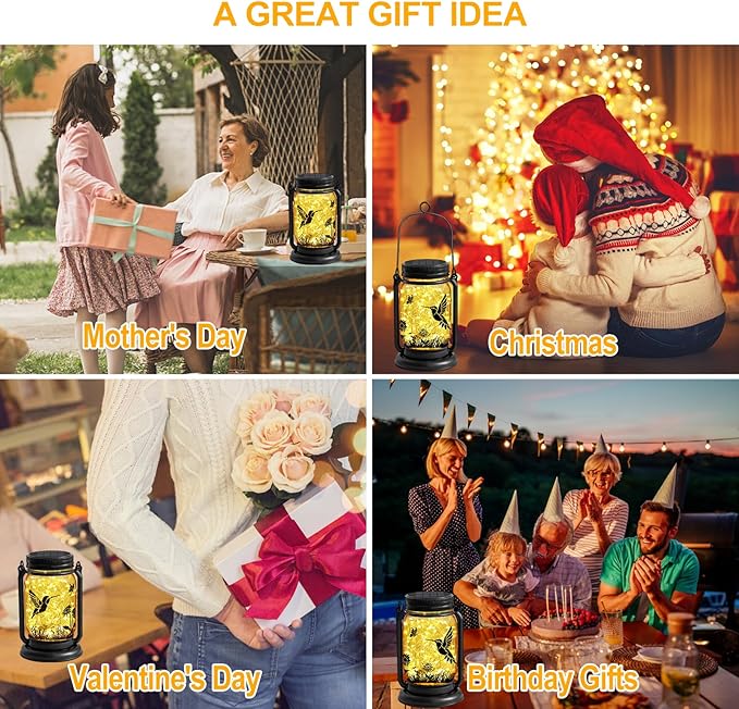 2 Pack Hummingbird Solar Outdoor Lanterns, Birthday Mothers Day Gifts for Women Mom Grandma, Vintage Glass Mason Jar Solar Fairy Lights, Waterproof Garden Lights for Patio Yard Lawn Tree