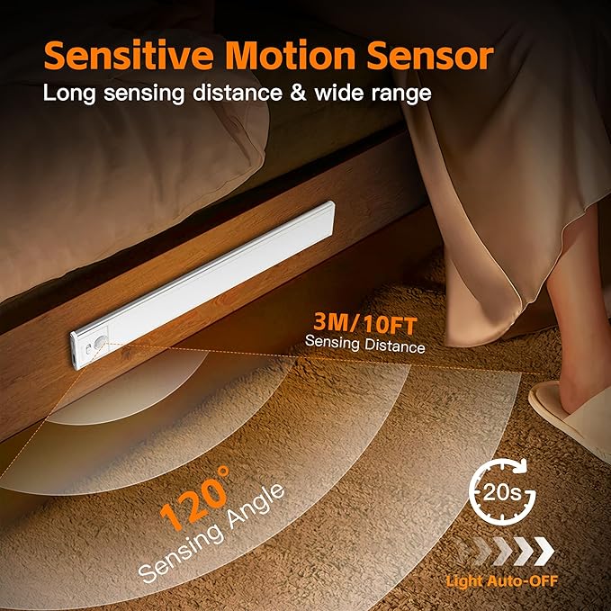 11.82inch Under Cabinet Lighting,2000mAh with Motion Sensor,54LED 3Color Temperature,Closet Lights Motion Sensored, USB-C Charging,Durable And easy-to-install Magnetic Cabinet Light,staircases,-4Pack
