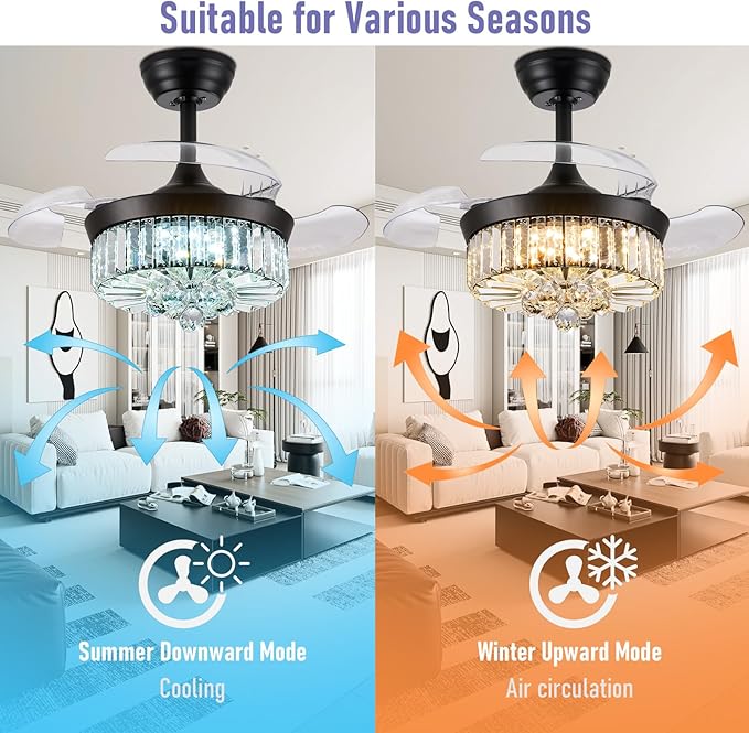 30" RGB Fandelier Ceiling Fan with Light, Retractable Crystal Chandelier Fan LED Dimmable Ceiling Fan and Remote APP Control for Living Room Dining Room Bedroom Black