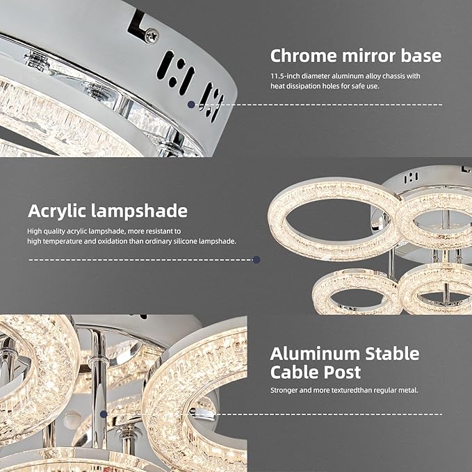 OKELI Modern Ceiling Light, 7 Rings 23'' Dimmable LED 106W Flush Mount Ceiling Lights with Remote Acrylic Crystal Round Ceiling Light Fixture, Bedroom Living Room Dining Room, Chrome