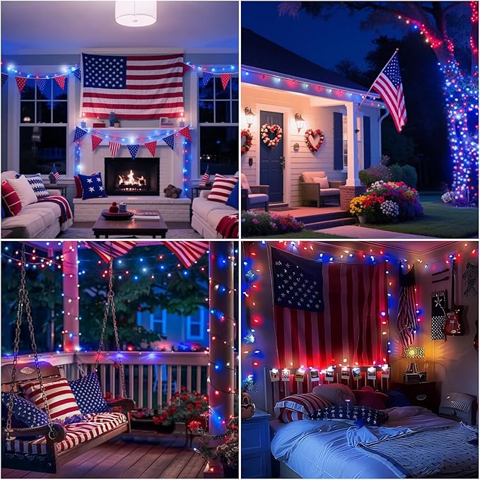 LAMPHOME 165ft 500 LED Red White and Blue Patriotic String Lights, 16 Modes Red White Blue Lights Plug in, 4th of July Lights Outdoor for Independence Day Memorial Day 4th of July Decoration