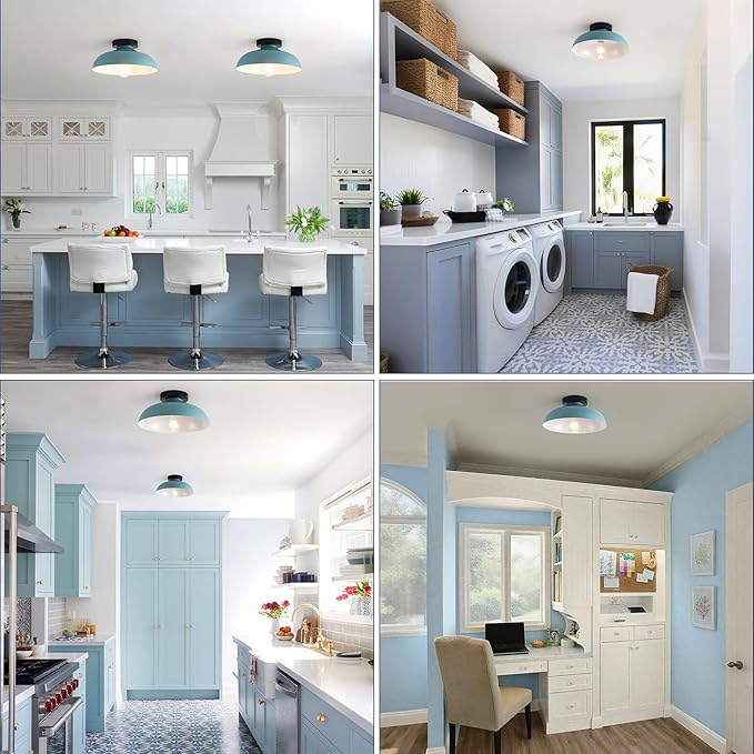 2 Pack Semi Flush Mount Ceiling Lights, 12 Inch Metal Small Ceiling Lights for Kids Room Close to Ceiling Light Fixtures with Light Blue Shade for Hallway Entryway Kitchen Bedroom Bathroom Laundry