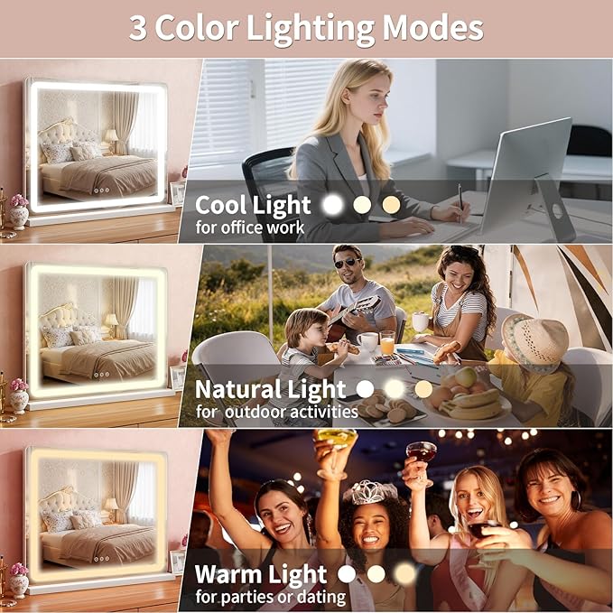 HNV 23"x17.8" Vanity Mirror with Lights, LED Makeup Mirror, Hollywood Lighted Mirror with 3 Color Modes & Adjustable Brightness, Smart Touch Control, White