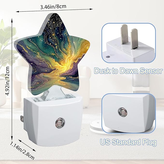 Purple Gold Marble Night Light,Colorful Abstract Plug-in Star Night Lights with Dusk-to-Dawn Sensor for Bedroom,Bathroom,Living Room Sleep Friendly Lamp for Women Girls Boys Gift,0.5W