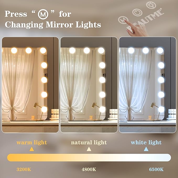BEAUTME Large Vanity Mirror with Lights, 36''×24'' Makeup Mirror, Light up Mirror with 16 Dimmable LED Lights and 10X Magnification, 3 Lighting Modes, Touch Control