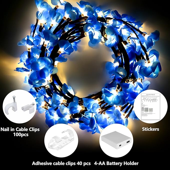 Cherry Enchanted Willow Vine Lights, 7.55FT 144LED Blue Cherry Blossom Tree Branch Lights for Wall, Remote Timer,8 Light Model,Bedroom Wall Doors Wedding, Christmas, USB Battery Box