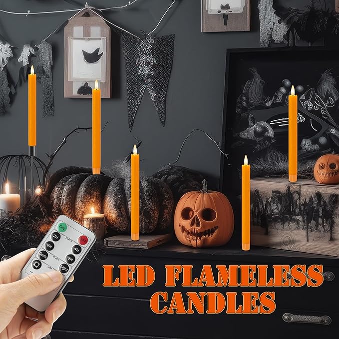 Orange Flameless Candles with Remote, 9.6" Fall Candles with Remote, Real Wax Battery Operated Candles Flickering Flameless Taper Candlessticks for Fall, Thanksgiving, Harvest, Halloween Decor, 3 Pack