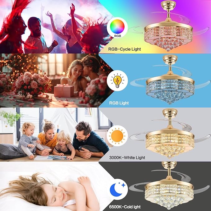 RGB Ceiling Fan with Light,36 Inch Fandelier Crystal 6-Speed Silent Reversible Remote APP Control LED Chandelier Speaker Dimmable Bluetooth, Gold
