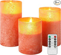 Flickering Flameless Candles - Sandblast Glass Battery Operated with Remote and 2/4/6/8 H Timer, Set of 3 LED Pillar Candles (D3"xH 4"5"6")with Realistic Wax Candles for Home Decor (Sandblast Orange)