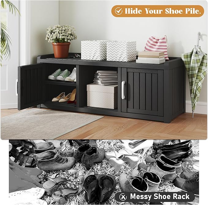 NUNU LAB Shoe Storage Cabinet, Waterproof Shoe Organizer with Adjustable Shelves, UV-Resistant Entryway Shoe Cabinet Bench with 2 Barn Doors for Indoor Outdoor, Foyer, Hallway, Living Room,Black
