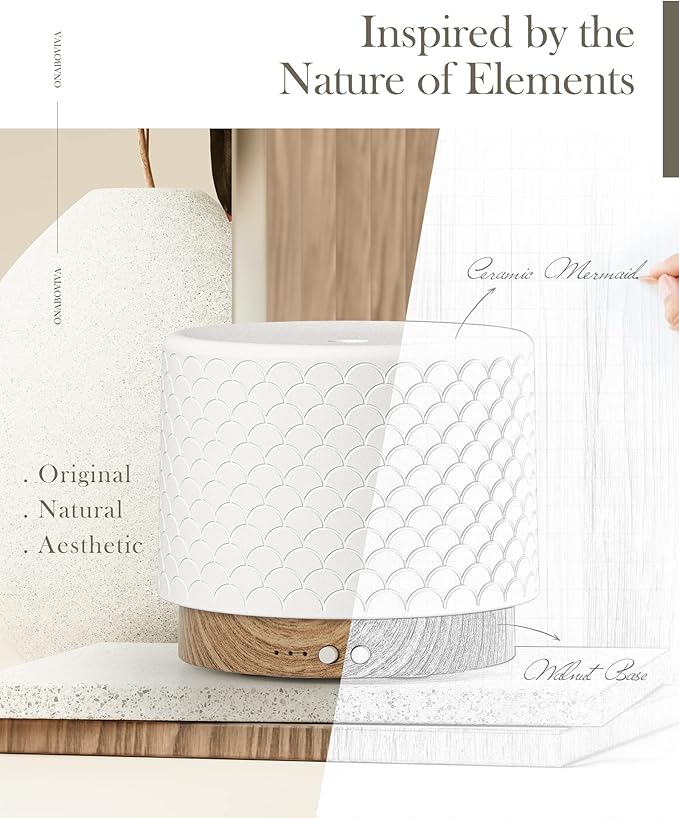 Essential Oil Diffuser -280ml Ceramic Diffuser for Large Room&Commercial Use, 2.4MHz Cool Mist Humidifier & Independent Decorative Light & Aromatherapy Diffuser, Pulse&Continuous Mist, Timer, Auto-Off