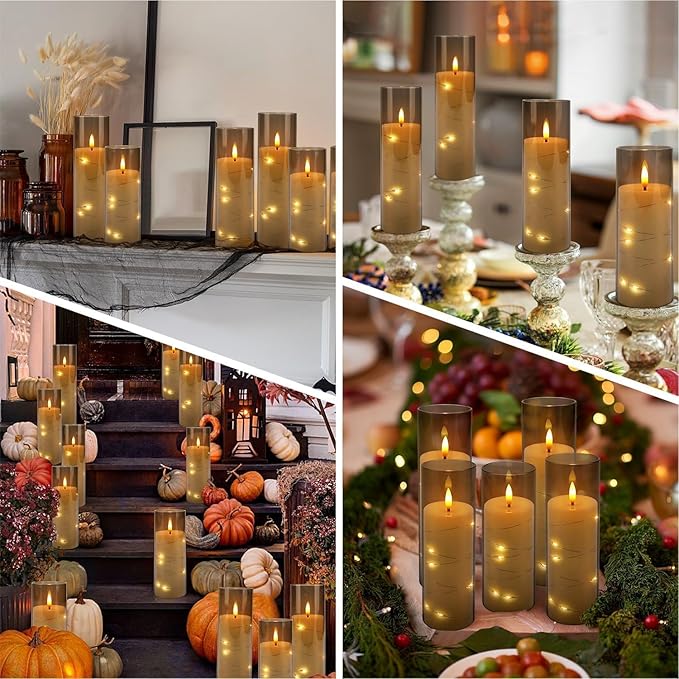 Flickering Flameless Candles Battery Operated with Remote,Led Pillar Candles with Realistic Moving Wick Candles for Halloween,Christmas,Home Decor Pack of 12 (D2.2 xH 5" 6" 7")(Grey)
