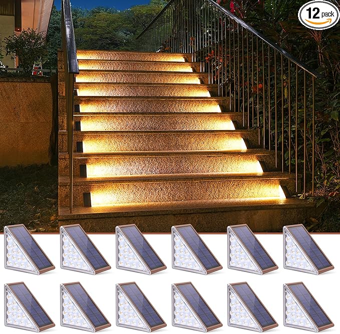 NIORSUN Outdoor Stair Lights 12 Pack, Solar Step Lights IP67 Waterproof with 13 Bright LEDs, 3000K Warm White, Auto On/Off, Triangular Design for Steps, Deck, Patio, Yard, Porch, Sidewalk