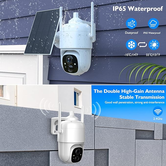 Security Cameras Wireless Outdoor, 2K 3MP Pan Tilt 355° View IP65 Waterproof Rechargeable Battery Powered PTZ WiFi Solar Camera with PIR, Color Night Vision,2-Way Talk,Cloud/SD