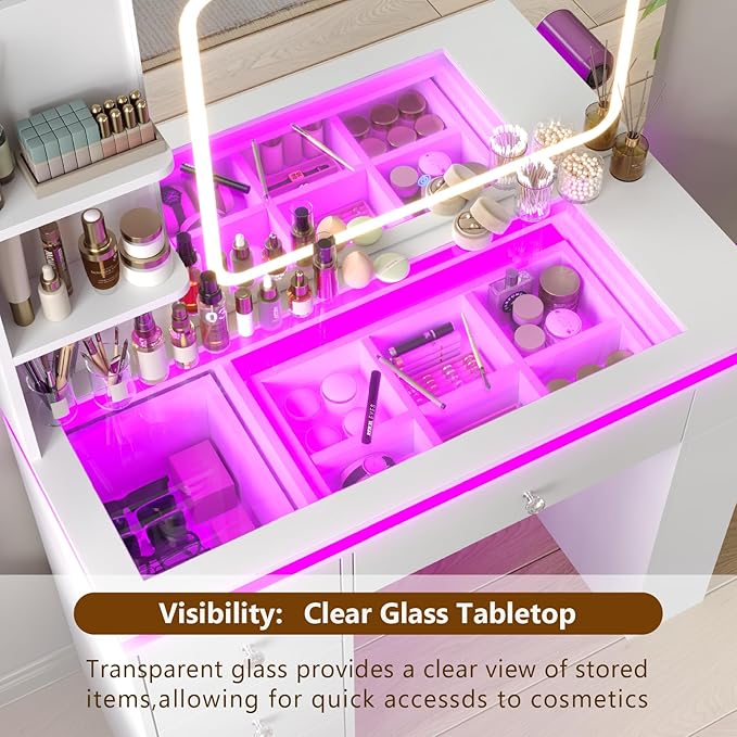 White Vanity Desk with Illuminated Mirror & Power Outlet, Bedroom Dresser LED Mirror Stepless Dimmable & 3 Color Modes Adjustable RGB Drawers, for Women Girls Bedroom（Pure White