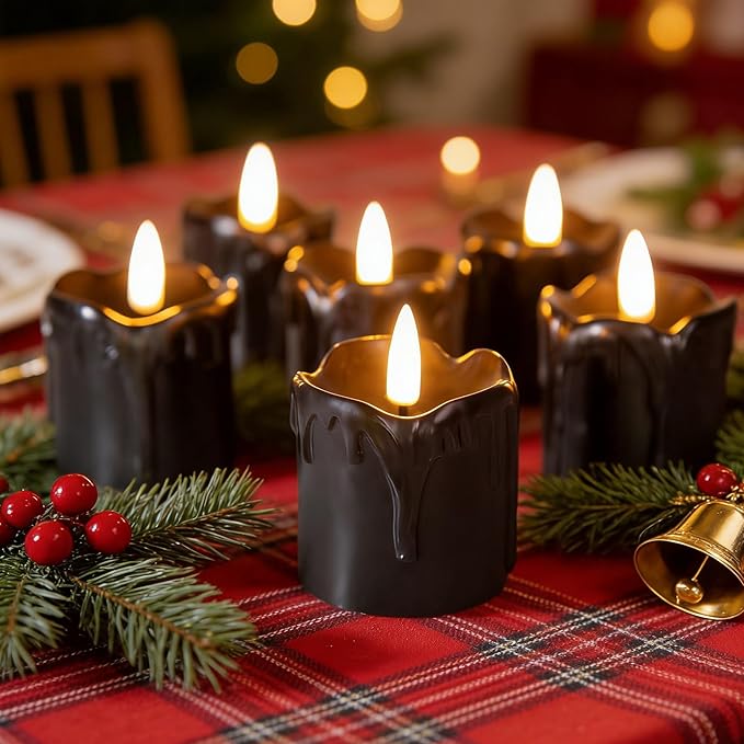 Eywamage Black Dripping Wax Flameless Votive Candles with Timer Batteries, Flickering 2x2 inch Small LED Candles Set of 6