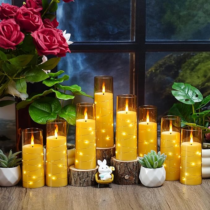 Flickering Flameless LED Candles,Battery Operated Candles 24 Pcs with Embedded Star String,Acrylic LED Pillar Candles with Remote,Suitable for Home Decoration to Create an Atmosphere (Gold)