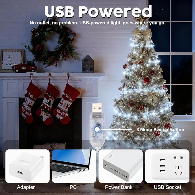 Lemical Fairy Lights 65.6FT 200 LED USB Plug in Twinkle String Lights with Remote and Timer 8 Modes Waterproof Copper Wire Starry Light for Christmas Mason Jars DIY Wedding Table Decor(Cool White)
