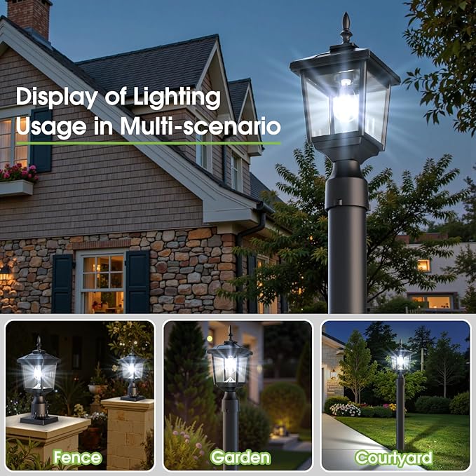 Greluna Solar Post Light Outdoor, 60 Lumens Dusk to Dawn Lamp Post Light, Solar Powered & Waterproof, Fits 6x6 Wooden Posts, 3 Inch Poles, for Garden, Pathway, Driveway, Fence & Yard（Cool White）