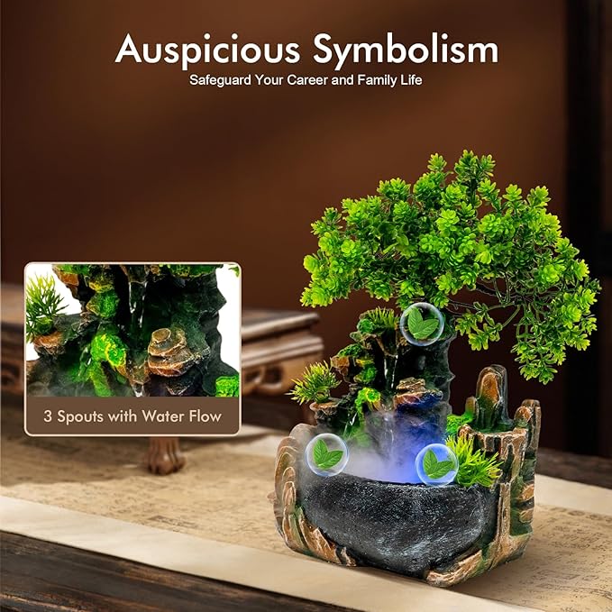 Tabletop Rockery Water Fountain Indoor Relaxation Waterfall Bonsai Desktop Ornament with LED Light, Zen Meditation Home Office Bedroom Atomizing Humidifier Desk Decoration