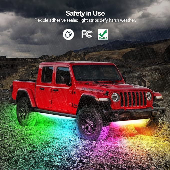 Underglow Car Lights, 252 LEDs RGBIC 4 pcs Dream Color Dancing Chasing Strip Lights with 16 Million Colors and 213 Scene Modes with App and Remote Control, 5 Music Modes for All Cars