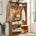LEYAOYAO 78" Tall Boho Hall Tree with Bench & Shoe Storage, 4-in-1 Mudroom Coat Rack with 2 Flip Rattan Drawers & Cushioned Stool, Entryway Hall Tree Cabinet with 6 Hooks for Garage, Tea Brown