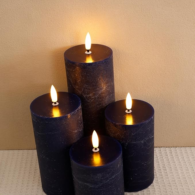 Blue Flameless Pillar Candles, Battery Operated Candles with Remote, Real Wax Flickering LED Candles for Home Party Wedding Holiday Decor, Set of 4, Φ 3" H 4" 5" 6" 8"