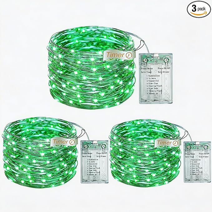 3 Pack 16FT 50 LED St. Patrick's Day Fairy Lights with Timer, 8 Modes USB Mini Twinkle Light Battery Operated, Small String Lights for Wreath Vase Bedroom DIY Party Decorations-Green