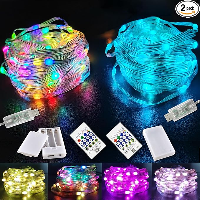 2 Pack RGB Fairy Lights, 32.8FT Total Color Changing Fairy Lights with Remote Control, USB Powered String Lights for Bedroom, Party, Christmas Decor
