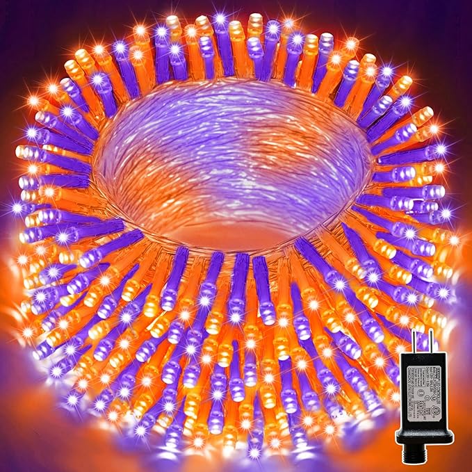 LAMPHOME 33ft Halloween Decorative Mini Lights, 100 LED Transparent Wire Fairy Starry String Lights Plug in, 16 Lighting Modes, for Halloween Decoration Outdoor Party Decoration (Orange and Purple)