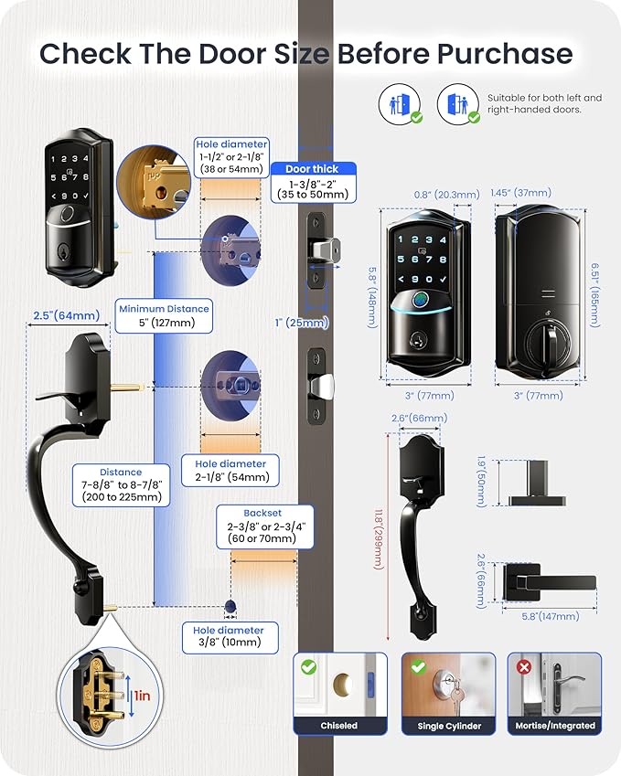 Veise VE027-H Built-in Wi-Fi Fingerprint Smart Deadbolt Lock with Handleset, App Remote & Voice Control, Keyless Entry Front Door Lock Set, Touchscreen Keypad, Auto-Lock, Easy Setup, Matte Black
