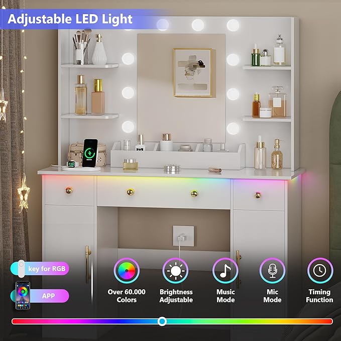 Vanity Desk with Mirror and Lights, Makeup Vanity with Mirror and LED Lights & Power Outlet, 3 Drawers and Cabinets, 3 Lighting Modes Dressing Table Set for Girls Women Bedroom, White