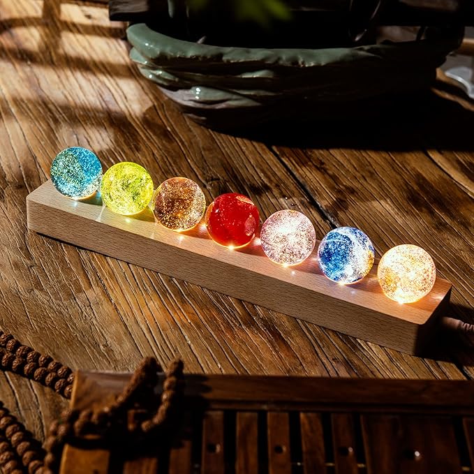 Movdyka 7 Colorful Glass Crystal Ball Desk ecorations Chakra Healing Stones Spheres with LED Wooden Stand, Quartz Crystal Meditation Night Light, Positive Energy Decor Gifts for Him Her -1.57"(40mm)