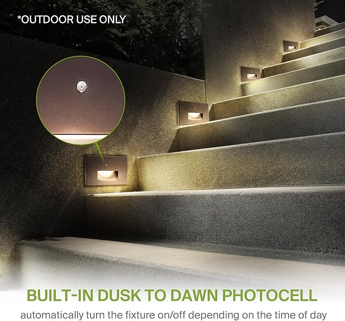 ASD LED Recessed Step Light Fixture, Dusk to Dawn Outdoor Stair Tread Lighting | 3CCT, Photocell, Waterproof, ETL Listed | 3W 120LM 3000K-5000K 120V | Staircase Hardwired Illumination | Dark Bronze