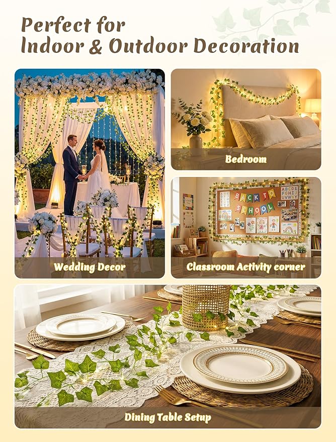 YOUNGAR Ivy Vines with Fairy Lights, Battery/USB Operated Leaf String Warm White Lights, 23FT 73LED Vine Lights with Remote for Bedroom Garland Wedding Birthday Garden Party Wall Room Headboard Decor