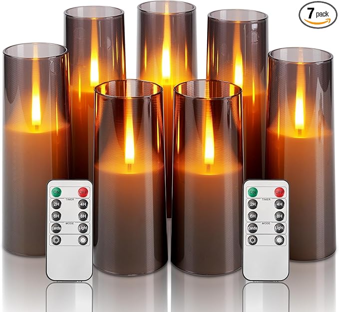 Homemory Grey Flameless LED Candles with Remote & Timer, Battery Operated, Fake Candles, Modern Home Decor, or Outdoor Events Set of 7