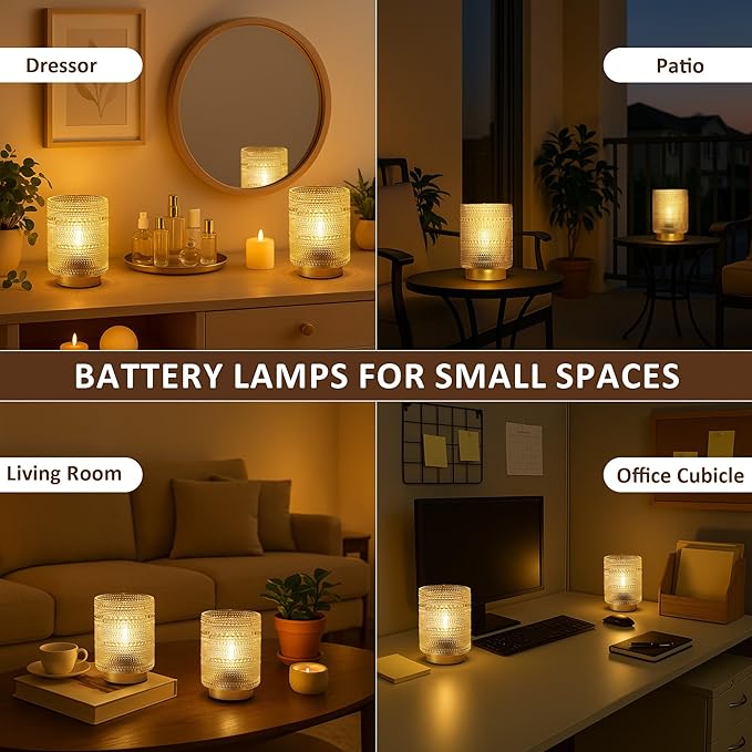 2 Pack Battery Operated Decorative Lamp with Timer for Bedside,Small Cordless Table Lamps with LED Warm Bulb for Shelf/Coffee Table/Entryway/ Bathroom or Kitchen Counter/ Dorm/Office Cubicle(Clear)
