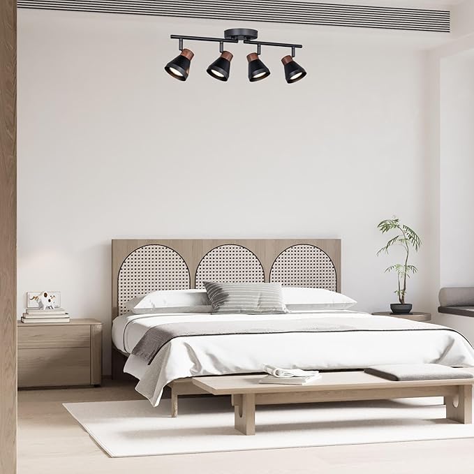 4 Light Modern Track Lighting Kit Black and Faux Wood Finish, Flexibly Adjustable Arm with Multi-Directional Ceiling Spotlight for Kitchen, Bedroom, Living Room,Ding Room Gu10 Not Included