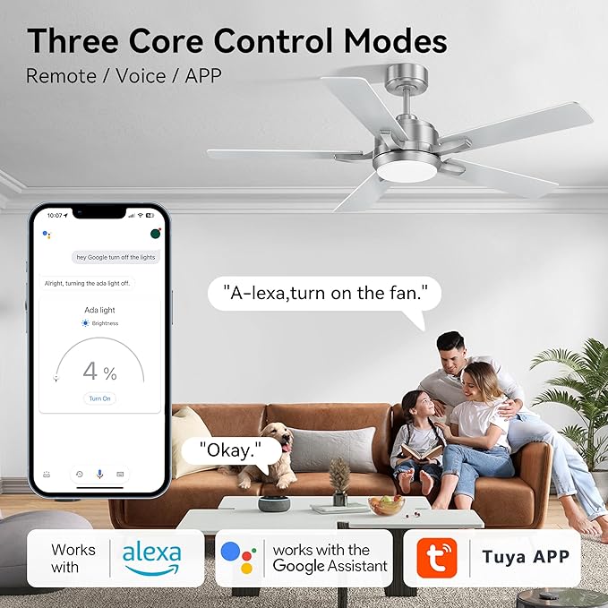 cumilo 52” Smart Outdoor Ceiling Fans LED Lights and Remote,Quiet DC Motor,6 Speed,Dimmable,Indoor Modern Brushed Nickel Ceiling Fan Controlled by WIFI Alexa App,Gray Silver Wood Bedroom Patio Porch